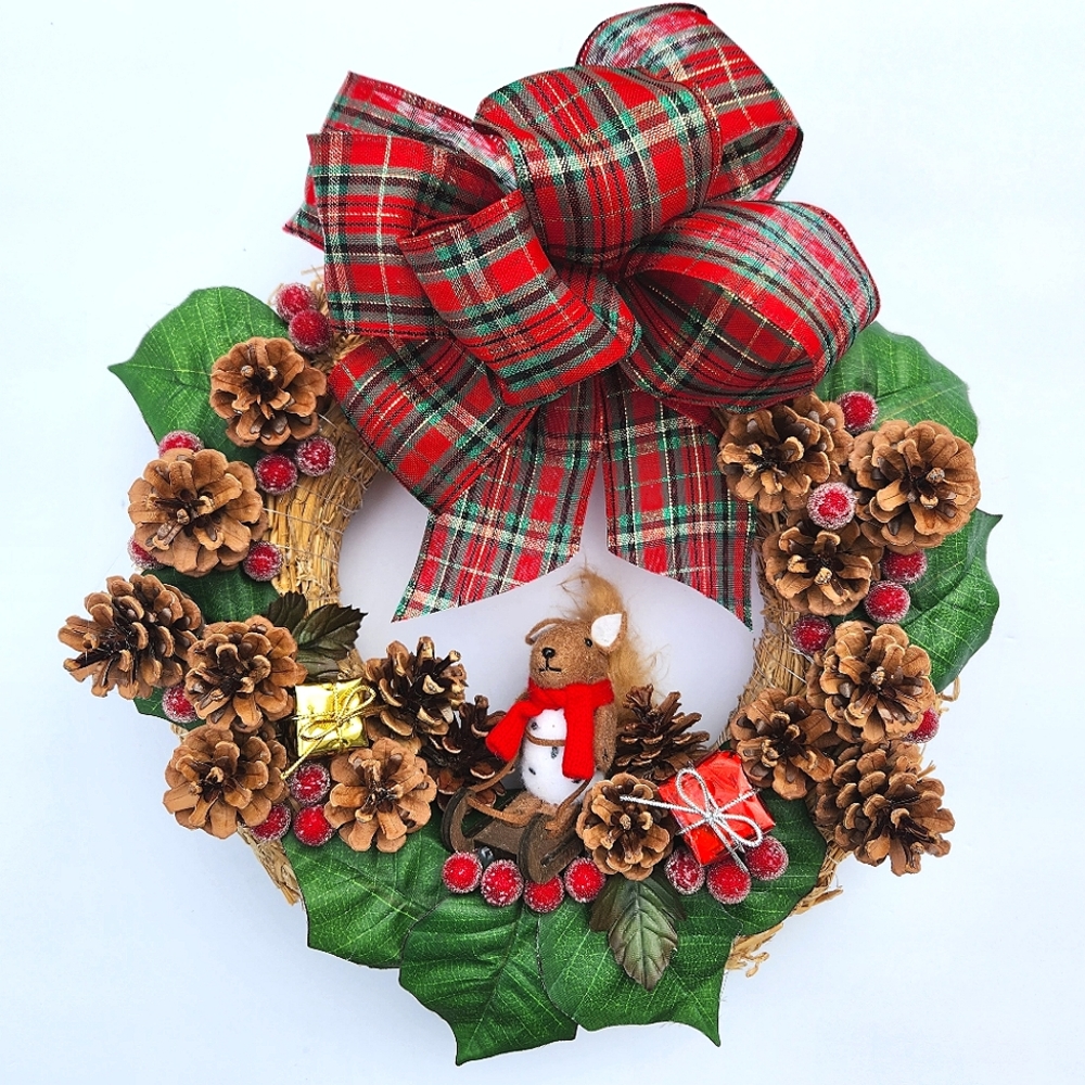 Sledding Squirrel Pinecone & Berries Wreath